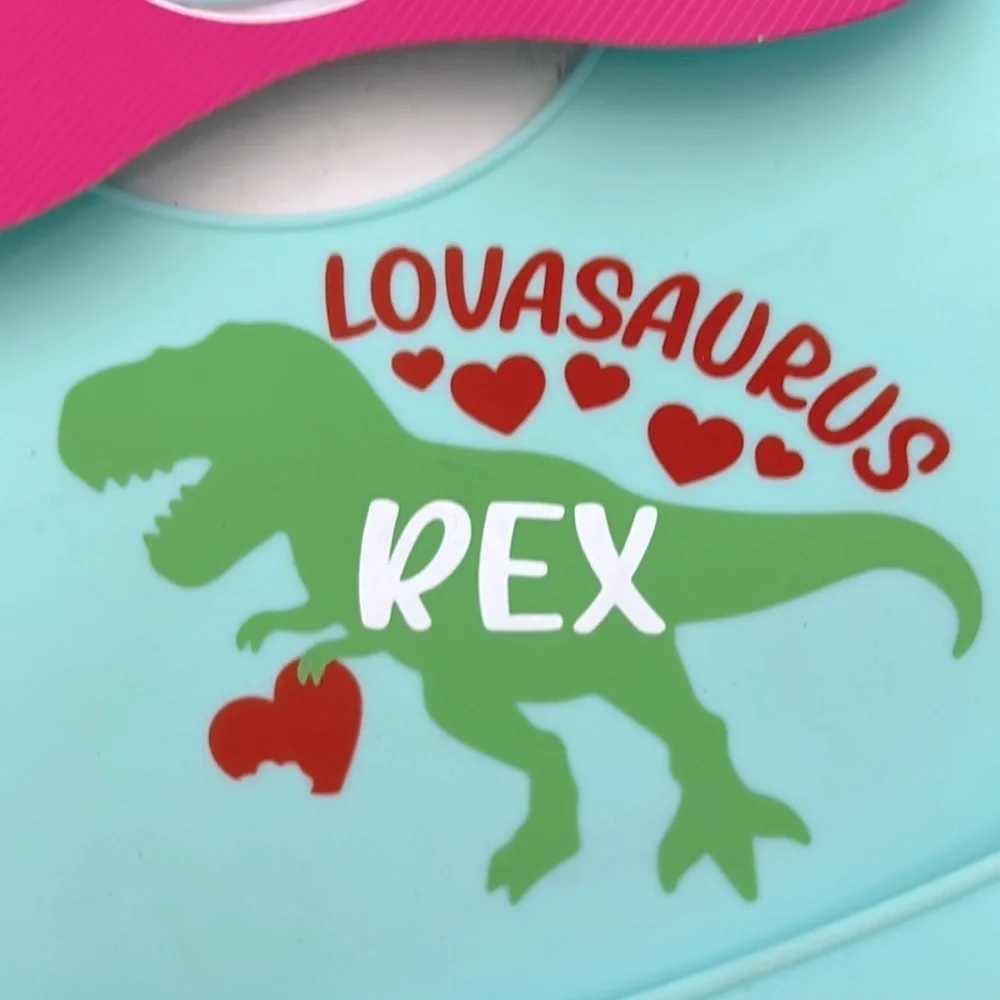 Valentine T Rex Green lovasaurus Bib Silicone 6mth+